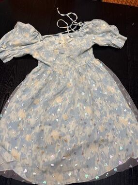 Light Blue Puff-Sleeve Mini Dress with Iridescent Heart Detail